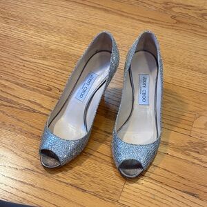 Jimmy Choo Sparkling Silver Peep Toe Heels